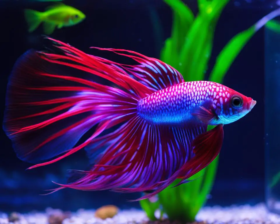 Glofish Betta glowing in a aquarium