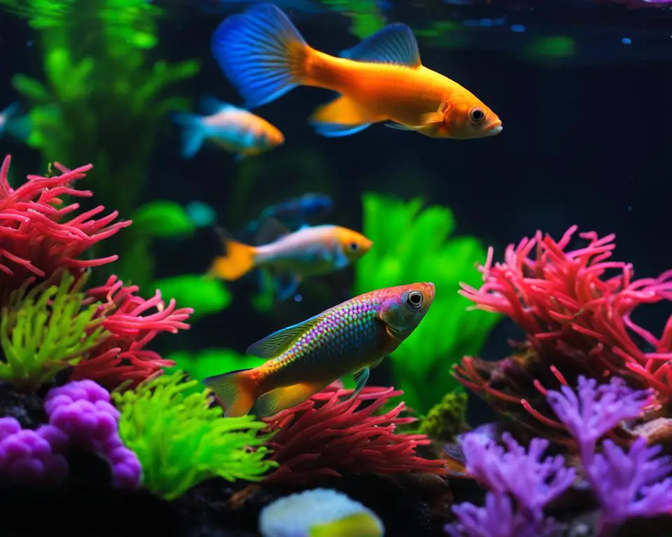 Glofish and guppies in a community tank